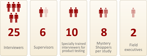 25 interviewers, 6 supervisors, 10 trained interviewers for product test, 8 shoppers per study, 2 field executives