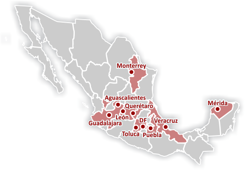 Aguascalientes, DF, Guadalajara, León, Mérdida, Monterrey, Puebla, Querétaro, Toluca y Veracruz
